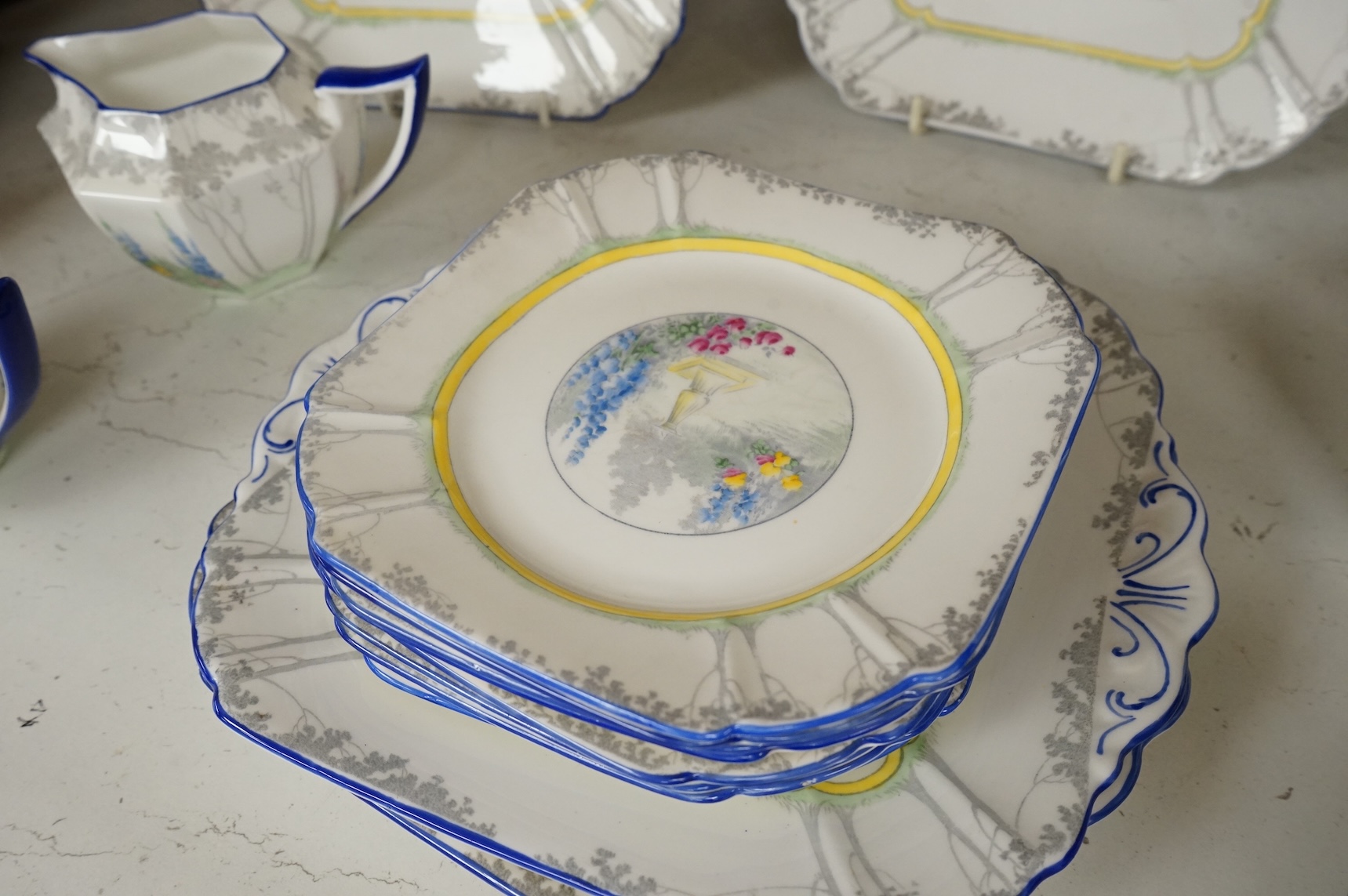 An Art Deco Shelley ‘My Garden’ part teaset to include cups, saucers, jugs and sandwich plates